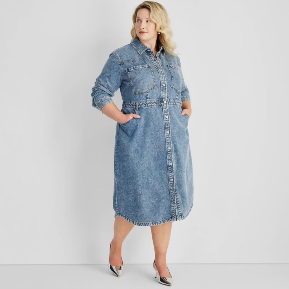 Women's Long Sleeve Denim Midi Dress - Future Collective NWT